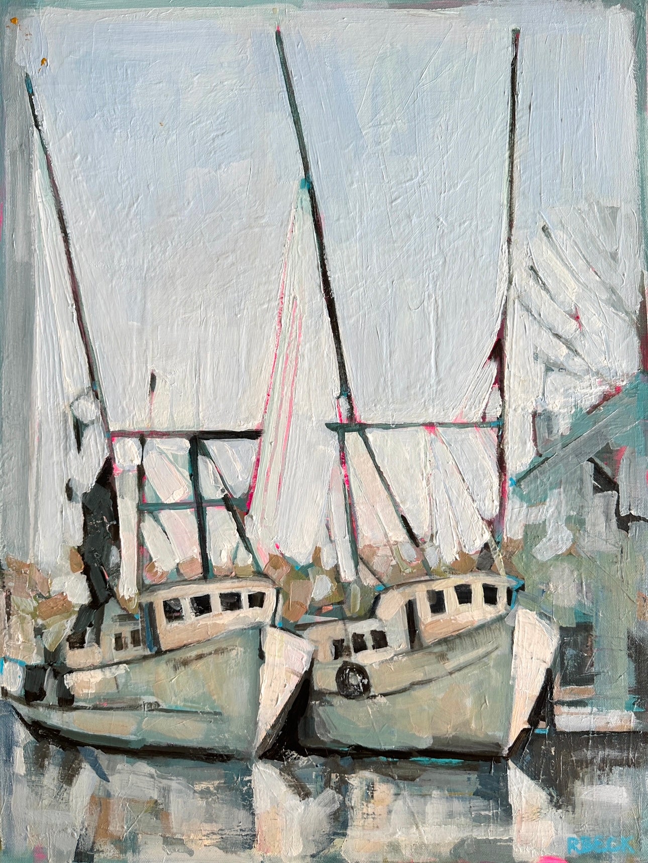 A Day’s Rest original mixed media painting by Charleston artist Ryan Beck, featuring shrimp trawlers docked by the water. Perfect for lovers of coastal and boat art.