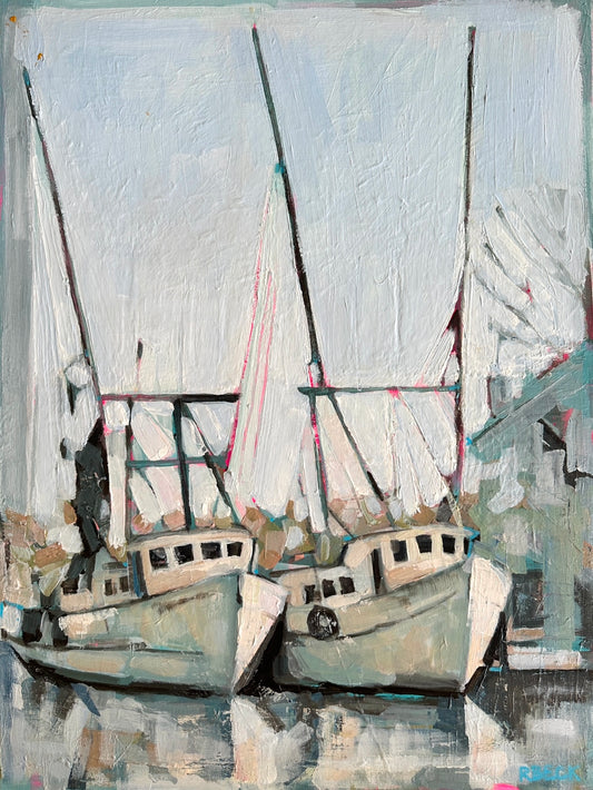 A Day’s Rest original mixed media painting by Charleston artist Ryan Beck, featuring shrimp trawlers docked by the water. Perfect for lovers of coastal and boat art.