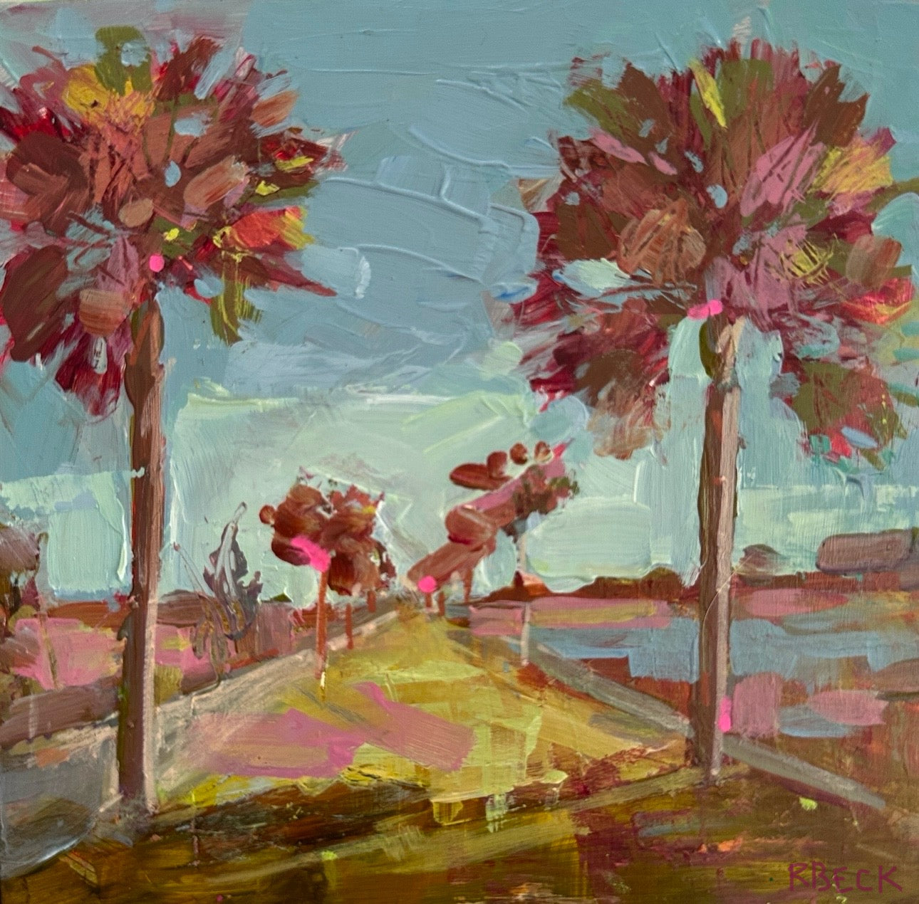 Bright Breezes, a 6x6 original painting of Pitt Street Bridge in Mount Pleasant by Charleston artist Ryan Beck, showcasing vibrant colors and textured brushstrokes. Perfect for gifting or decor.