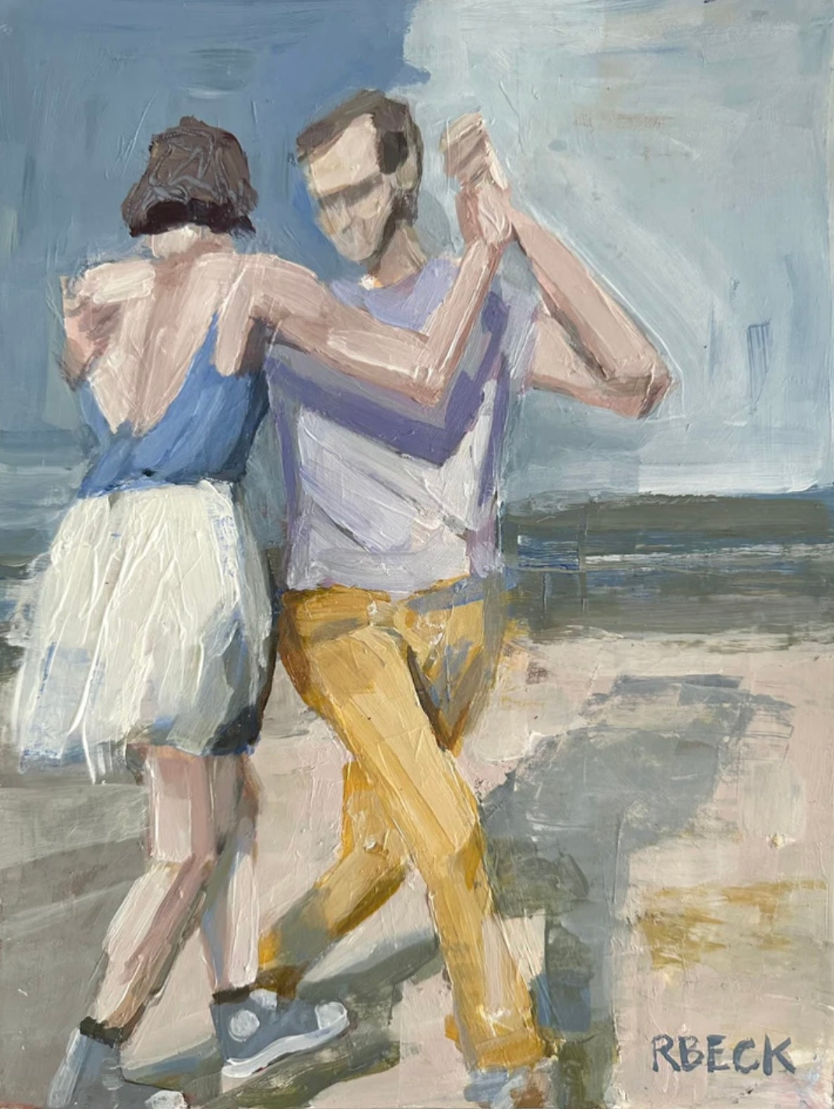 Beach Dance Giclée Print by Charleston Artist Ryan Beck - Two People Dancing on the Beach in Muted Lavender and Yellows