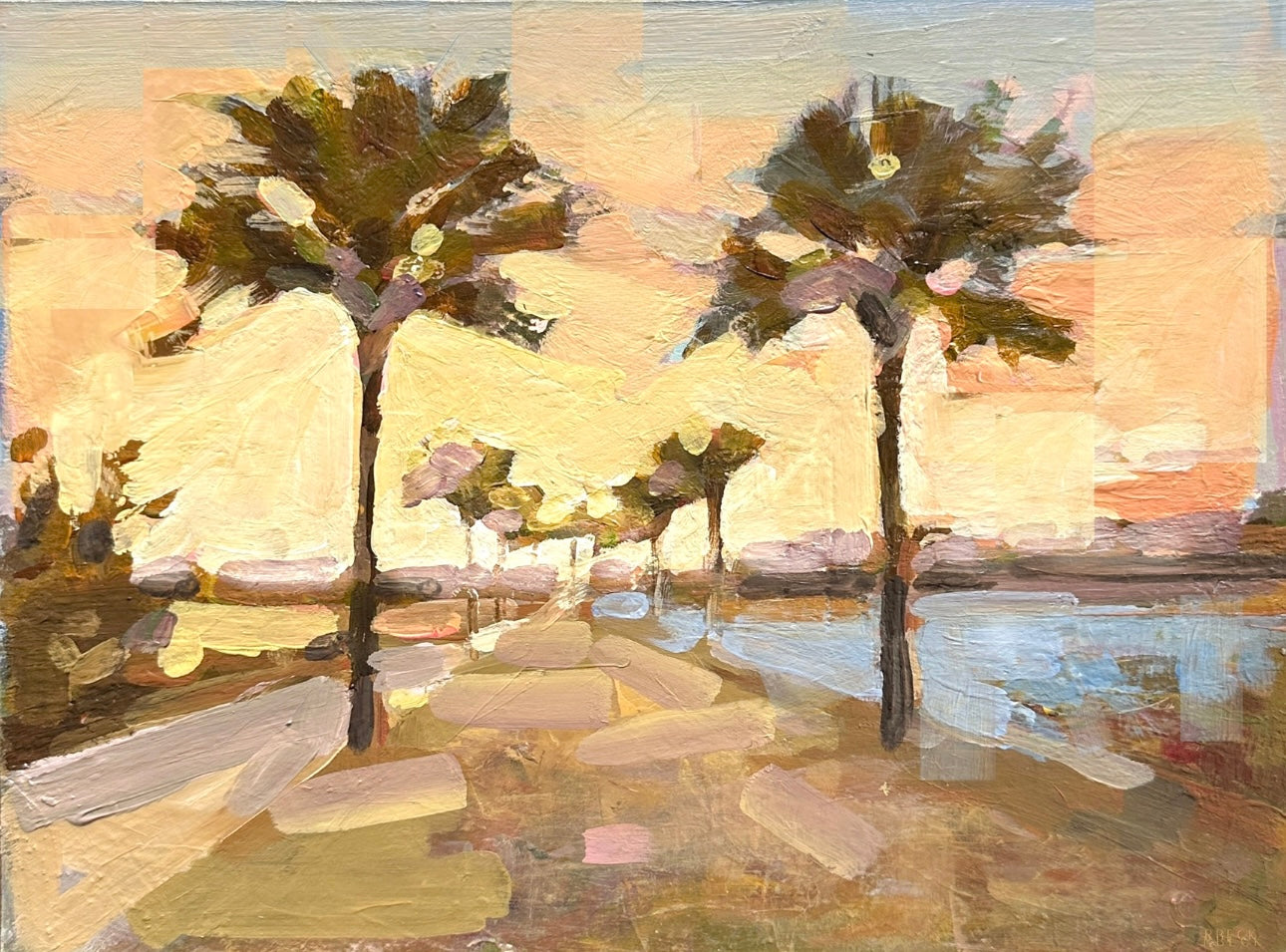 Pitt Street Bridge coastal fine art print by Charleston artist Ryan Beck, featuring a sunrise with warm yellow, orange, blue hues, and layered textures