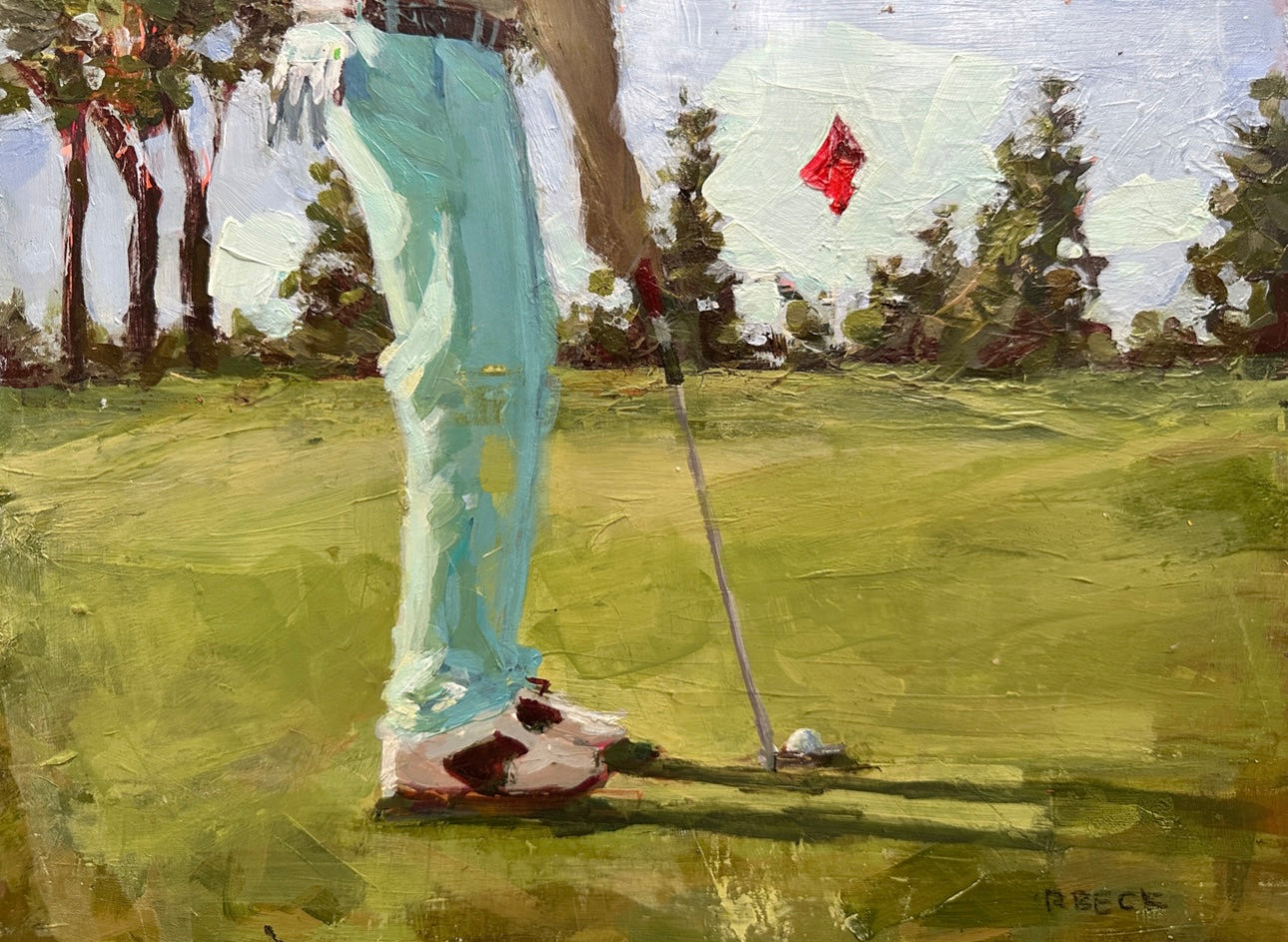 Coastal golf wall art print by Charleston artist Ryan Beck featuring a golfer on a green with rich greens, soft blues, and refined red accents