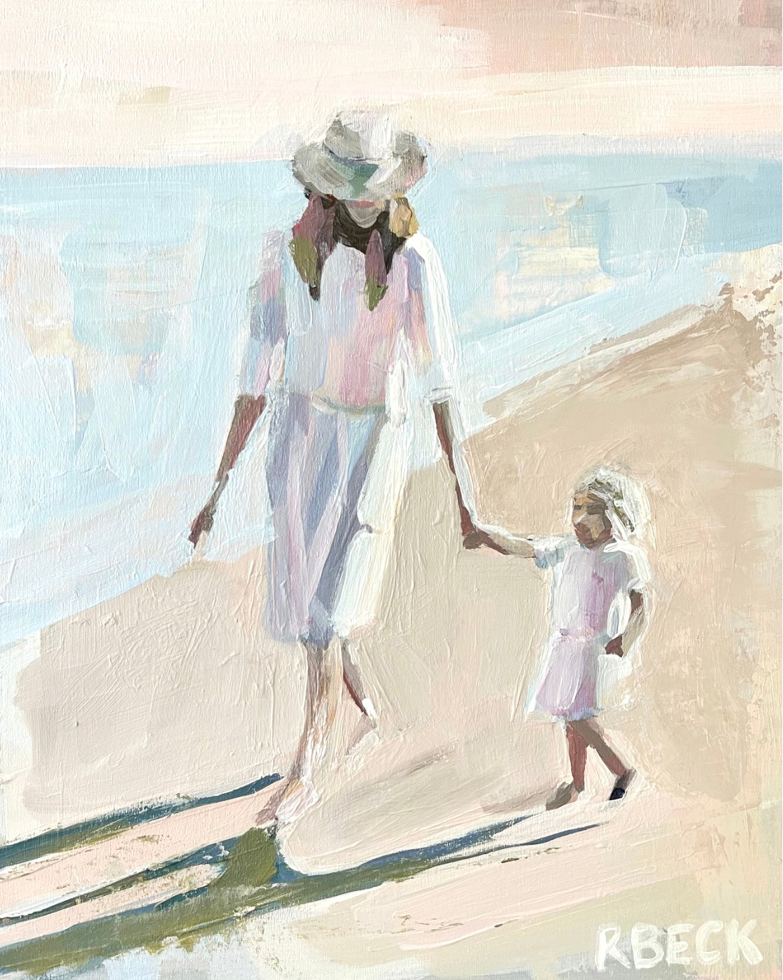 Mother and Child Giclée Print by Charleston Artist Ryan Beck - Light Colors with Blues, Pinks, and Neutrals, Coastal Art of Mother and Child Walking on the Beach