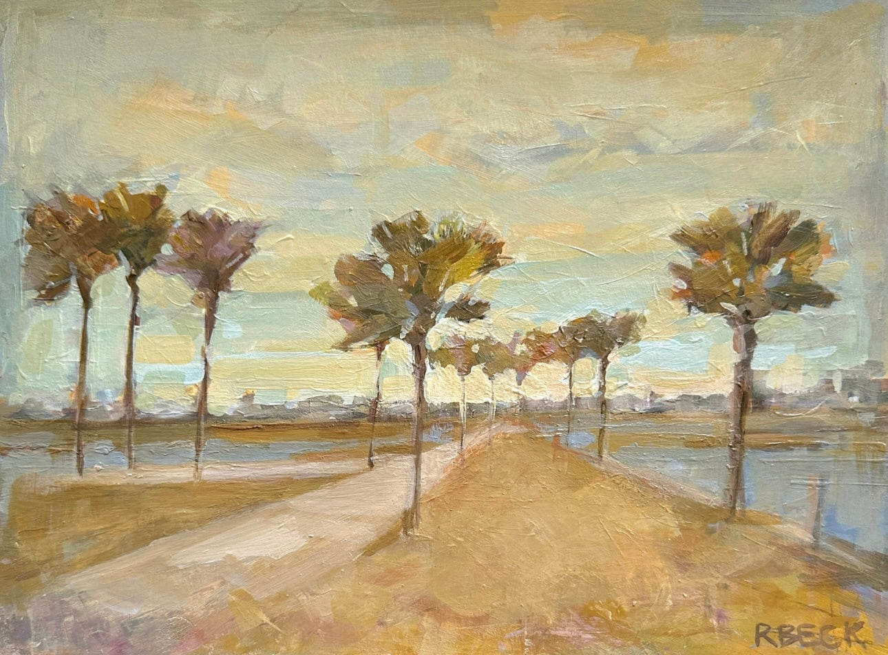 Pitt Street Bridge coastal fine art print by Charleston artist Ryan Beck, featuring a sunlit path through palms with soft golden and blue hues.