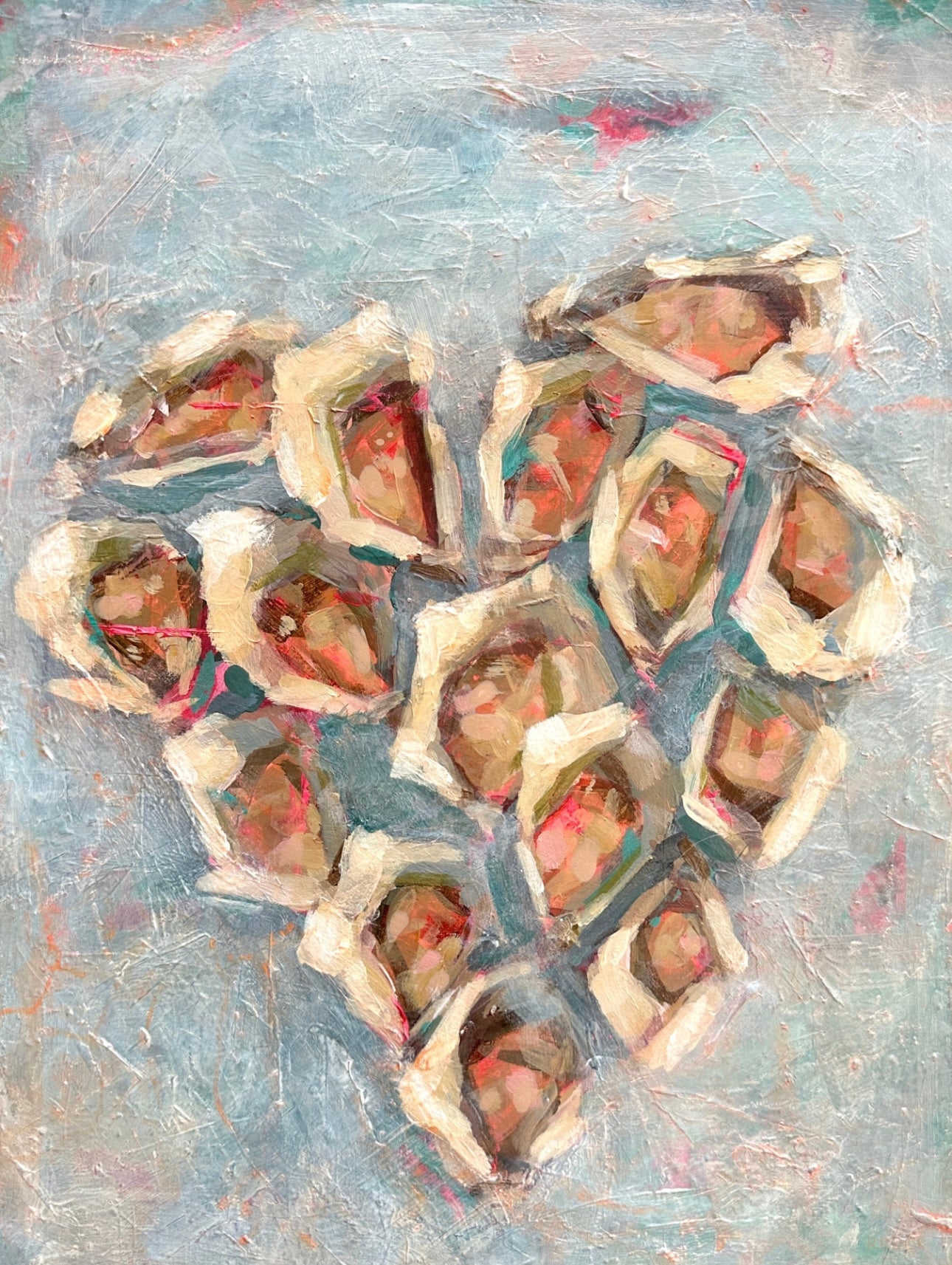 Coastal oyster fine art print by Charleston artist Ryan Beck, featuring oyster shells arranged in the shape of a heart with textured blues and warm hues