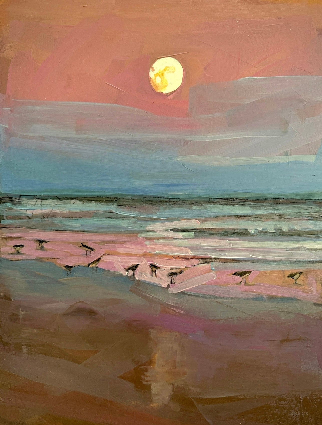 Full moon coastal fine art print by Charleston artist Ryan Beck, featuring a glowing ocean, beach birds, and warm reflections on sand and water