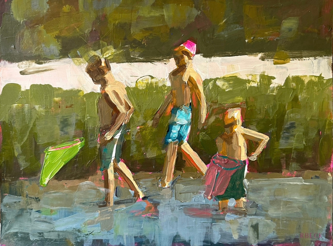 Giclée print of Off Exploring by Charleston artist Ryan Beck, featuring three children with fishing nets in a coastal creek, capturing the nostalgic essence of summer and childhood adventure.