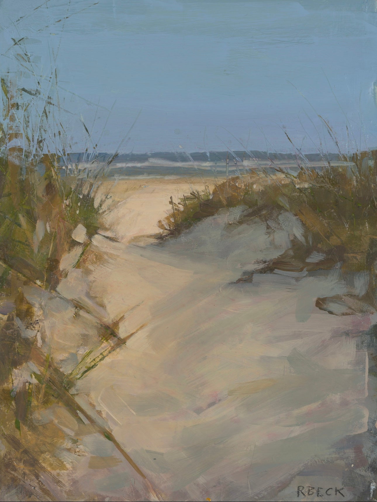 On the Horizon Charleston Coastal Dune Path Art Print by Ryan Beck featuring sandy beach path, soft dunes, and serene blue sky