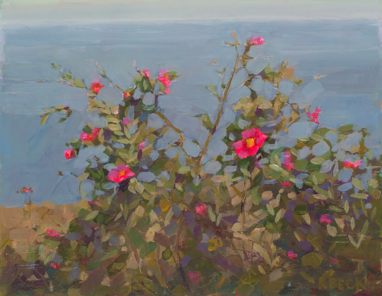 Salt and Bloom Charleston coastal art print by artist Ryan Beck featuring pink beach roses and ocean blues inspired by seaside landscapes