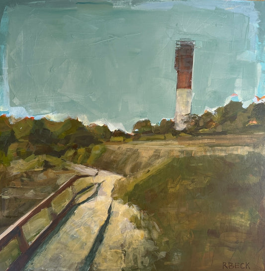 Original painting titled 'Station 18' by Charleston artist Ryan Beck, depicting Sullivan’s Island lighthouse and beach path with rich earthy tones for a cozy, coastal vibe, perfect for holiday gifting in Charleston, Sullivan's Island, and Mount Pleasant.