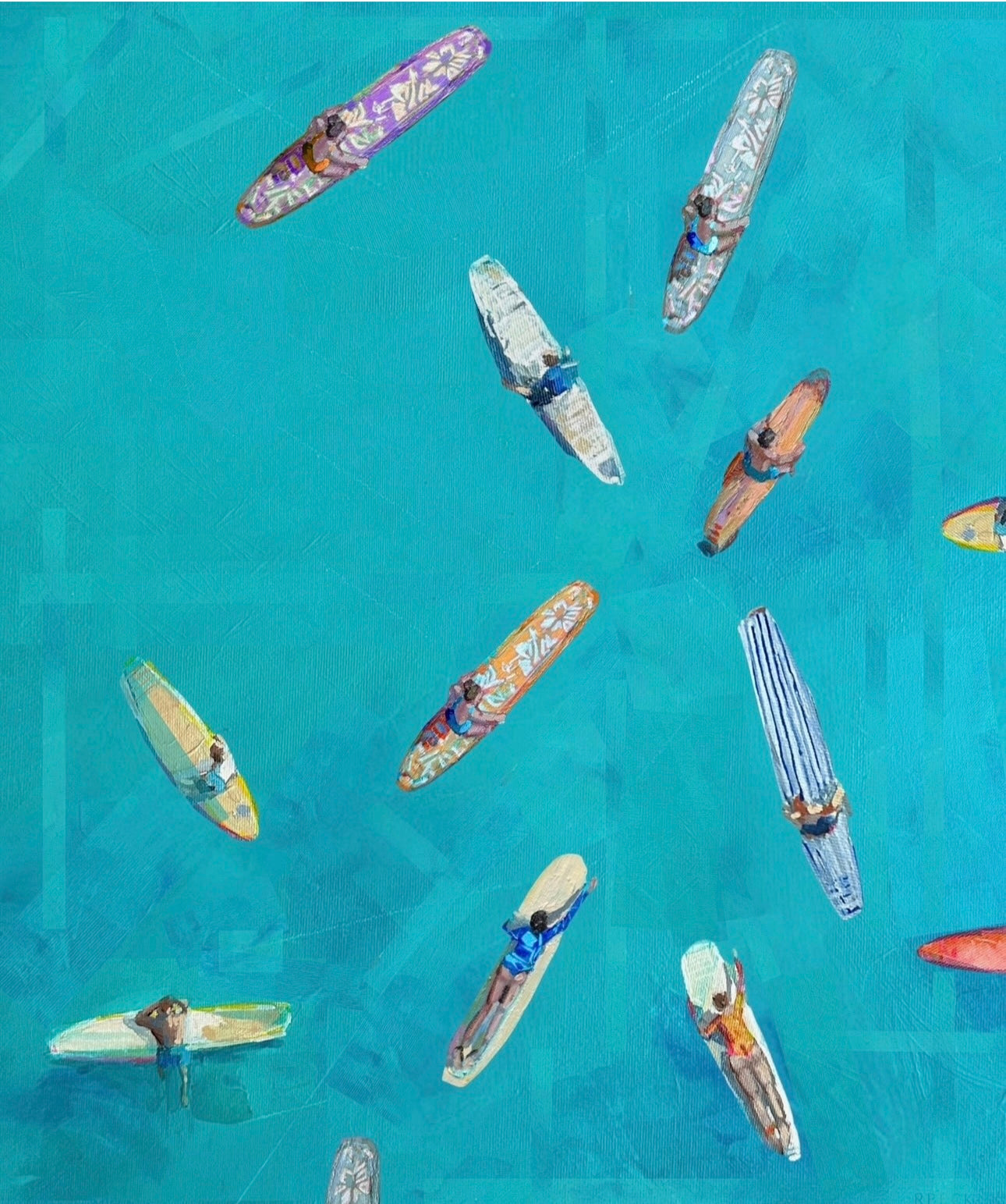 Coastal surf culture fine art print by Charleston artist Ryan Beck, featuring a bird’s-eye view of surfers drifting on vibrant teal waters