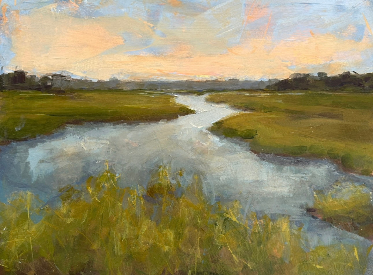 Charleston marsh painting, fine art print by Ryan Beck featuring a coastal salt marsh, soft greens, deep blues & warm orange sky. Perfect for beach house decor.