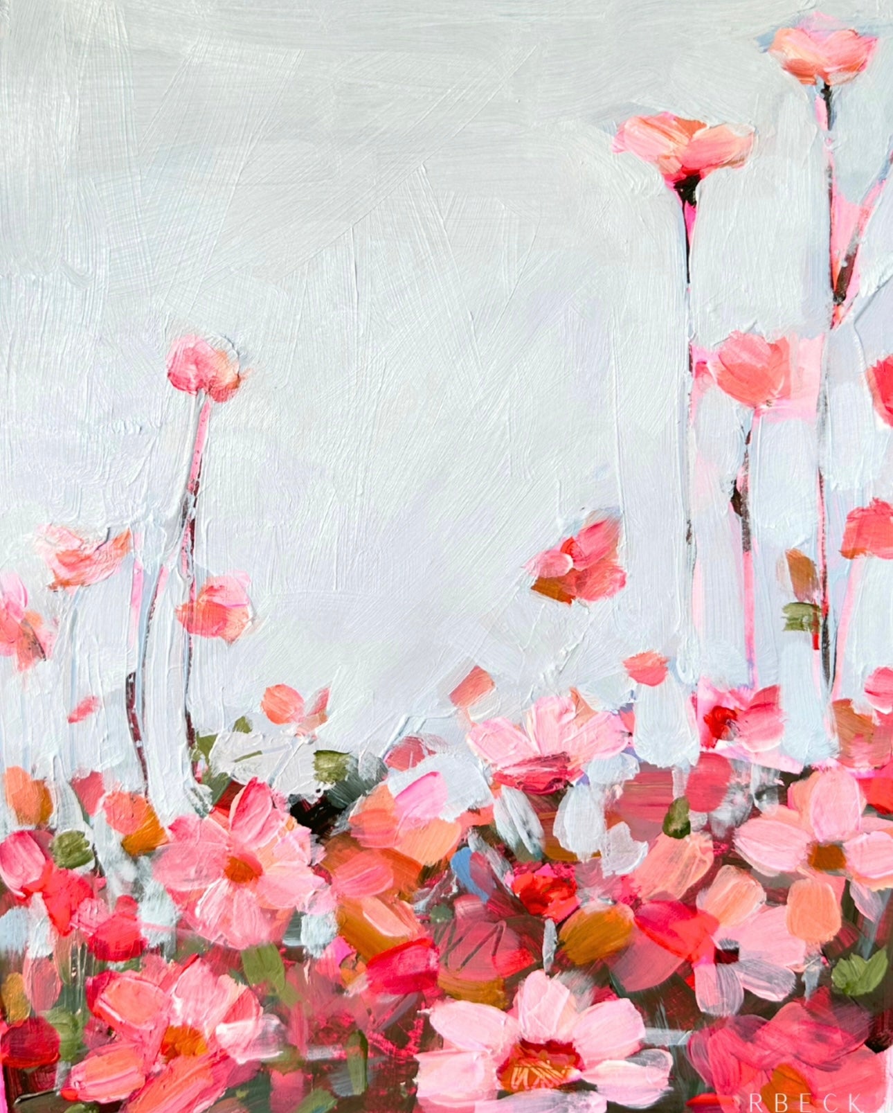 Giclée print of Wildflower II by Charleston artist Ryan Beck, featuring soft pinks, blues, and greens, inspired by delicate wildflowers with layered textures for a refined coastal touch