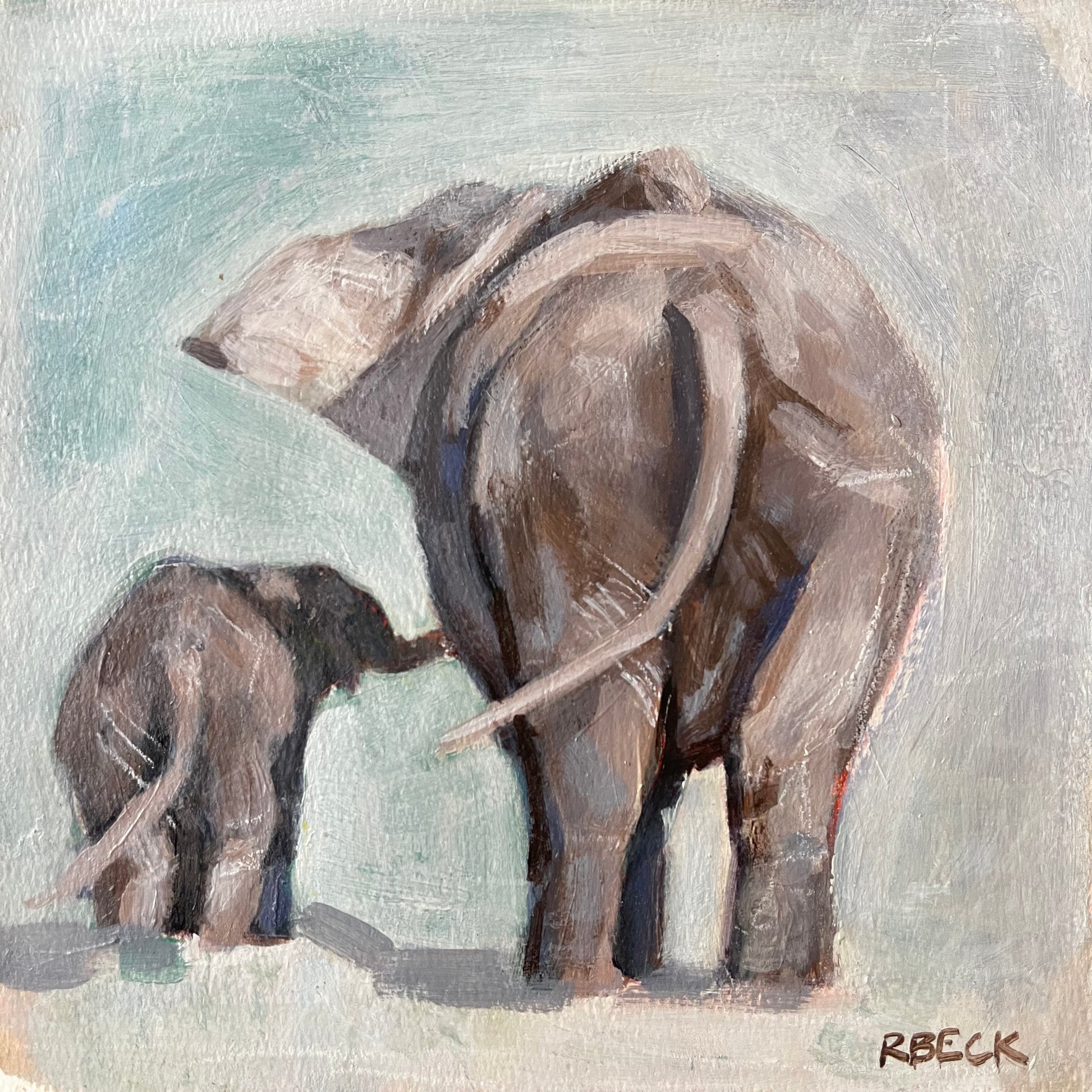 Legacy II Giclée Print by Charleston Artist Ryan Beck - Mother and Baby Elephant Walking Away in Neutral Colors with Desaturated Teal