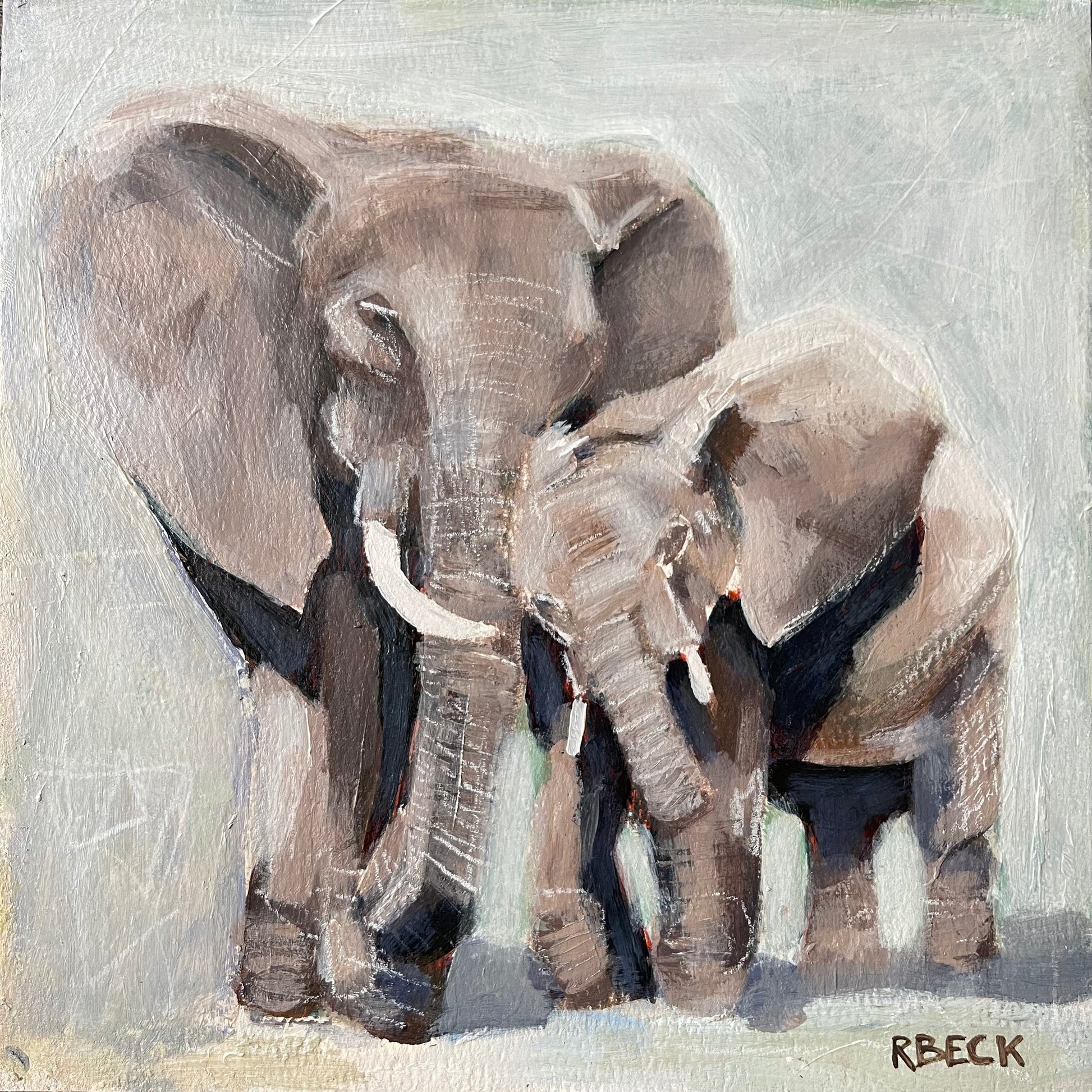 Legacy Giclée Print by Charleston Artist Ryan Beck - Mother and Baby Elephant Embracing in Neutral Colors
