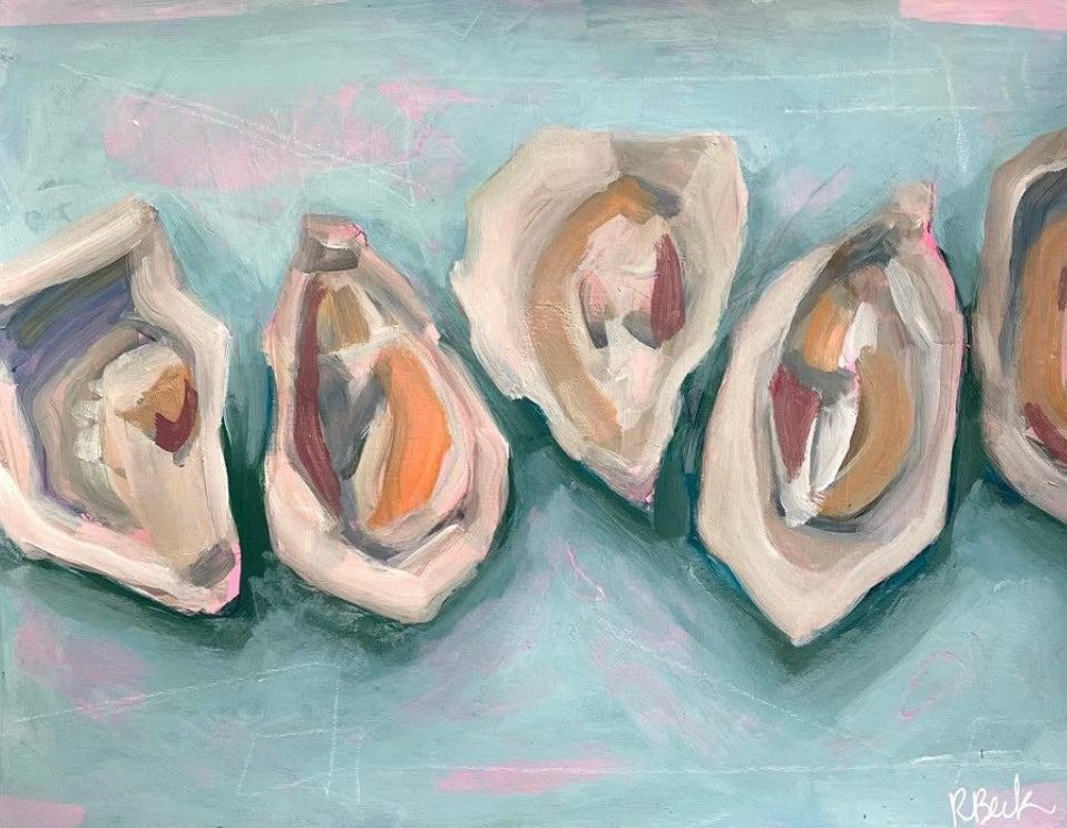 Oyster painting, modern coastal ryan beck charleston sc original oyster art pink and blue 