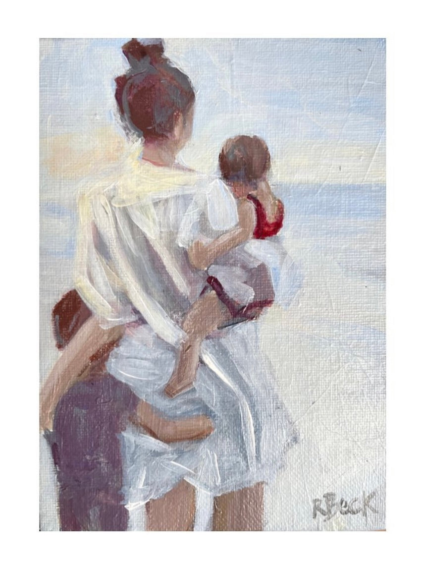 Mother and children on beach painting original art ryan beck charleston mom 