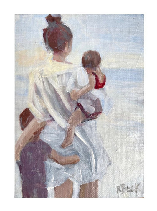 Mother and children on beach painting original art ryan beck charleston mom 