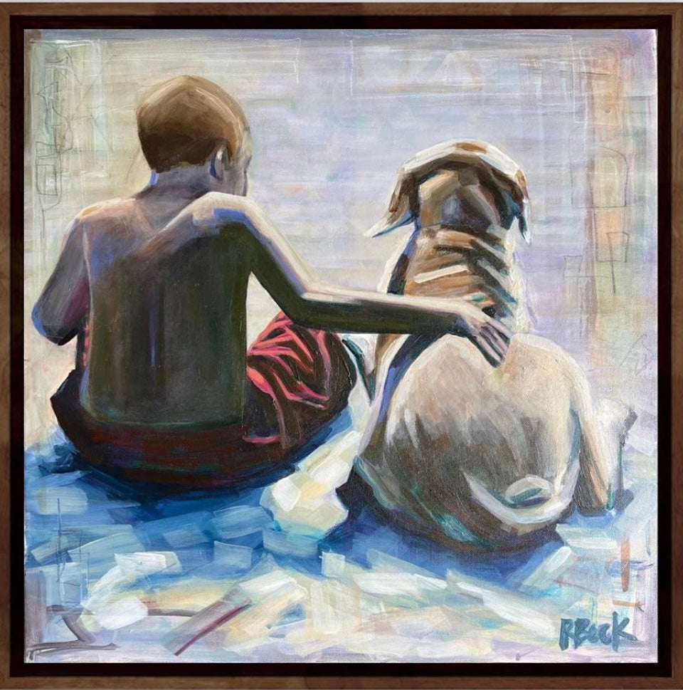 Dog art boy and dog ryan beck artwork original painting purple and yellow and teal