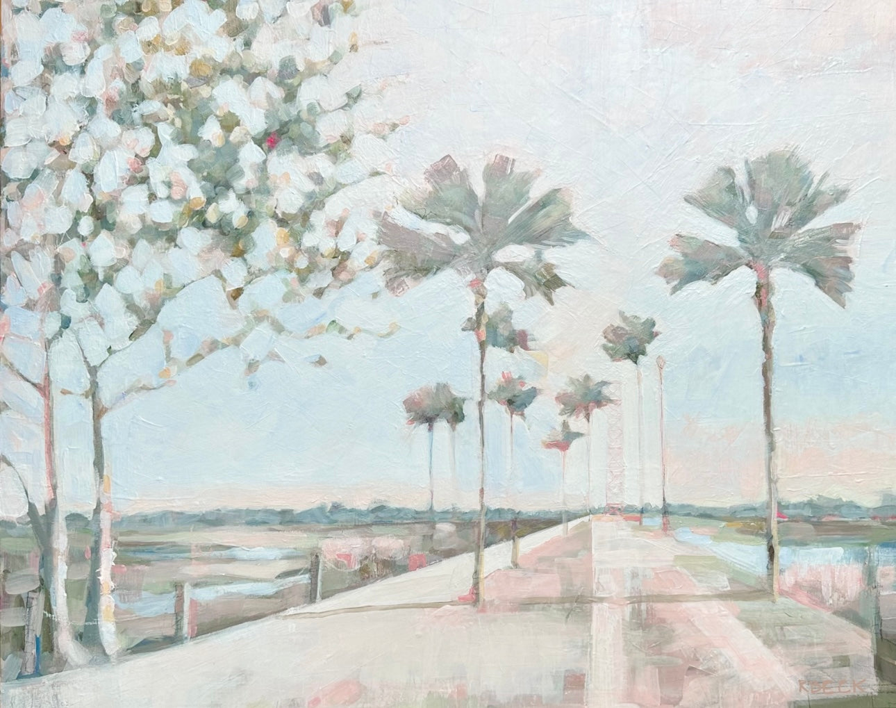 Charleston artist Ryan Beck’s landscape painting. Pinks and greens and soft neutrals of Pitt Street Bridge for interior design modern coastal art 