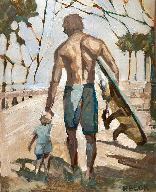 Father holding a surfboard and child's hand, walking by the ocean in 'Surfside Moments' art print by Charleston artist Ryan Beck, capturing family and coastal adventure.