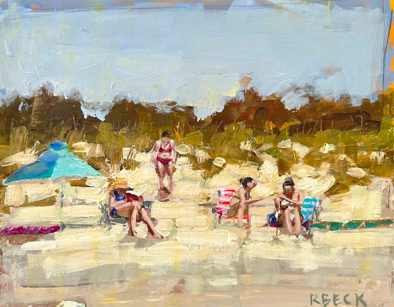 Giclée coastal art print of Beach Day by Charleston artist Ryan Beck, featuring four women on the beach. Capturing the essence of summer days and coastal life in art