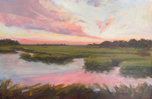 Blush Horizon original Charleston marsh sunset painting by Ryan Beck with pink clouds reflecting over Lowcountry water, 24x36 horizontal