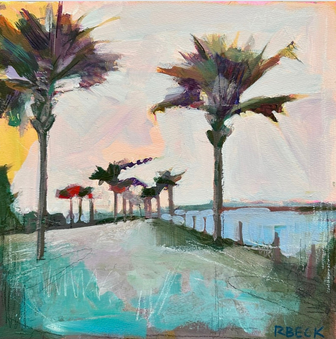 Sunset Serenity Giclée print by Charleston artist Ryan Beck, featuring vibrant teal and orange hues inspired by Pitt Street Bridge in Mount Pleasant, coastal art with textured layers and intricate mark making.