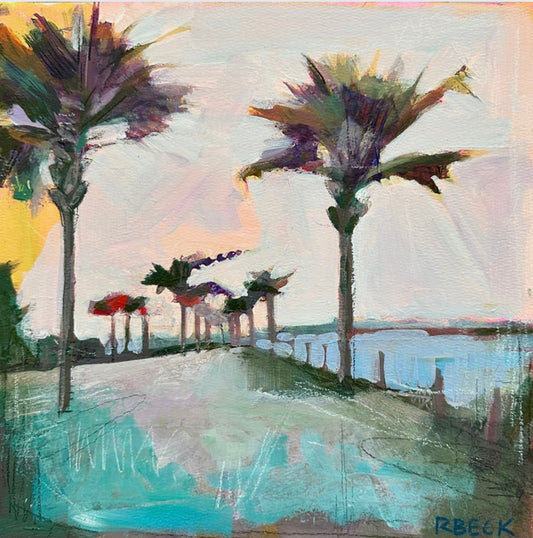 Sunset Serenity Giclée print by Charleston artist Ryan Beck, featuring vibrant teal and orange hues inspired by Pitt Street Bridge in Mount Pleasant, coastal art with textured layers and intricate mark making.