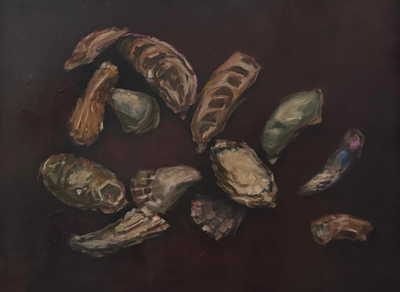 Salt and Shadow Charleston SC oyster painting by artist Ryan Beck featuring a cluster of oysters in plum and burgundy hues, coastal fine art on canvas.