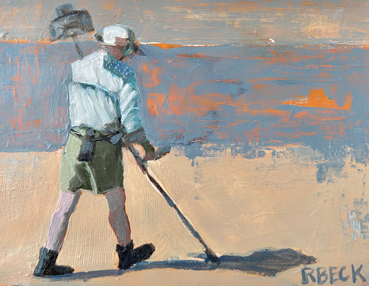 Giclée print of Beach Comber by Charleston artist Ryan Beck, featuring a man with a metal detector in muted blues and oranges, capturing the vintage charm of late afternoons on the beach.