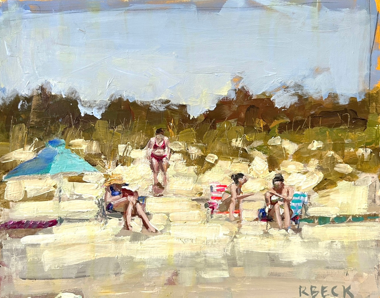 Giclée print of Beach Day by Charleston artist Ryan Beck, featuring four women on the beach enjoying music, deli sandwiches, and summer reading, capturing the essence of coastal life