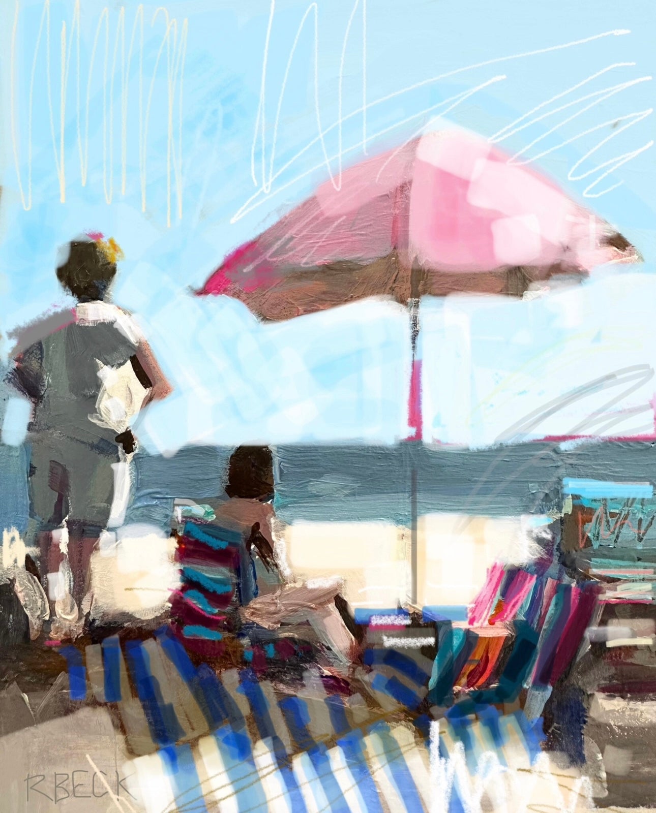 Giclée print of Beach Goers by Charleston artist Ryan Beck, featuring a playful beach scene with two people, towels, beach chairs, and an umbrella, capturing the joy of a coastal day.