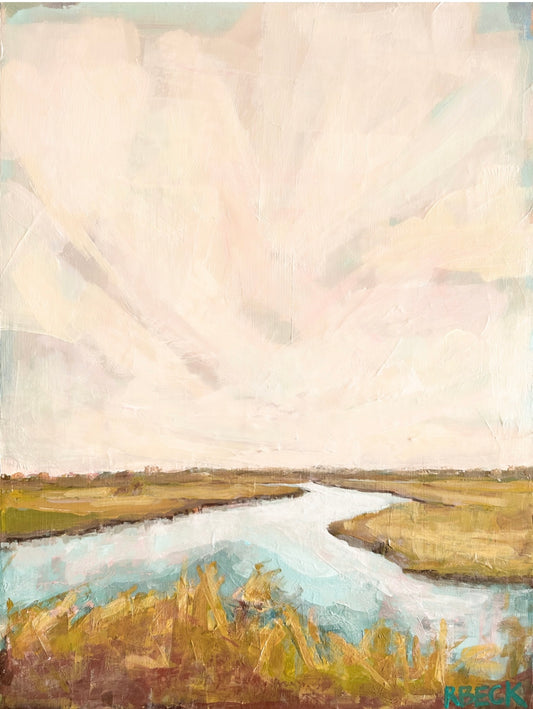 Giclée print of Charleston Lowcountry Marsh by Ryan Beck, featuring lush greens and sunlit tones, capturing the serene beauty of Charleston's marshlands for coastal decor enthusiasts