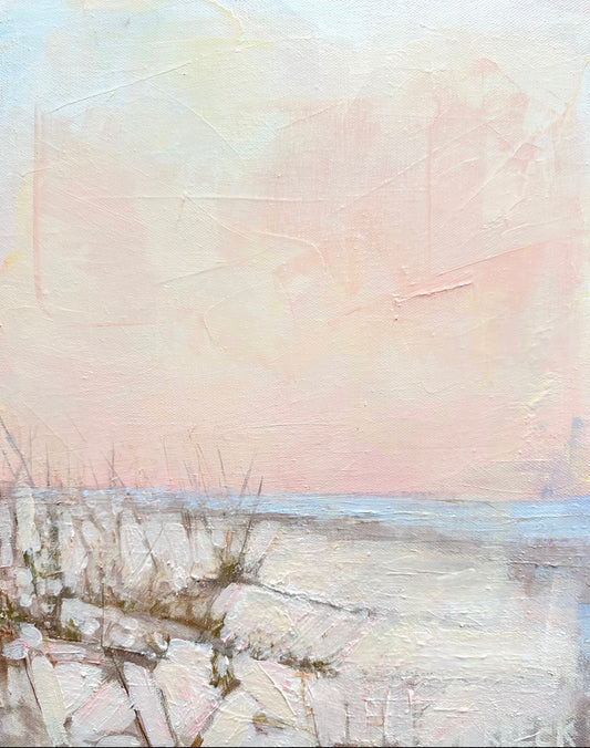 Giclée print of Charleston Sunrise by Charleston artist Ryan Beck, featuring soft pinks, yellows, and blues capturing the peaceful ambiance of dawn on the Charleston coast