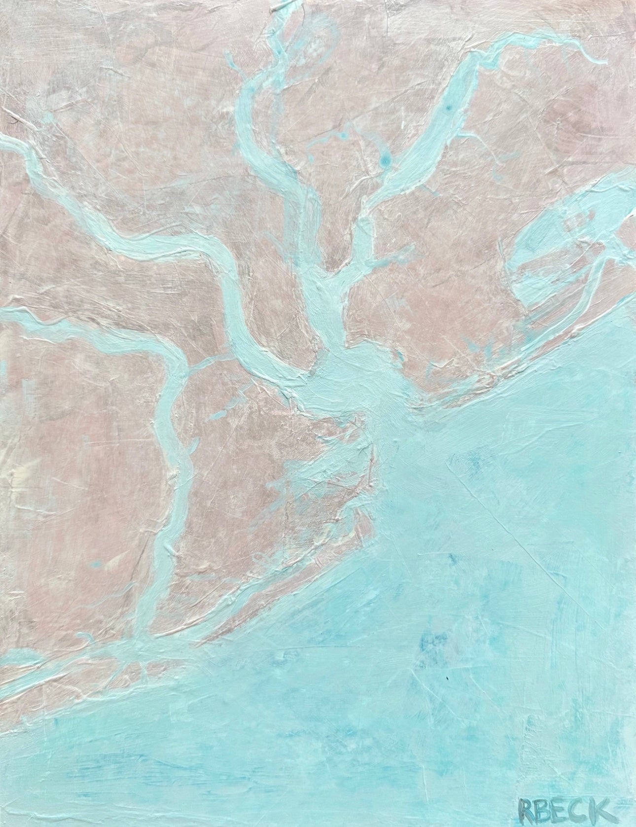 Giclée print of Charleston Waterways Map by Charleston artist Ryan Beck, featuring an aerial perspective of Charleston’s waterways in layered turquoise and neutral tones.