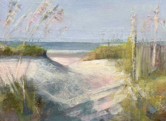 Giclée print of Dunes II by Charleston artist Ryan Beck, featuring soft sand dunes in a pink haze, capturing the dreamy essence of coastal living