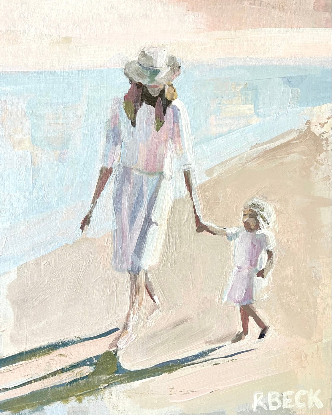 ryan beck art, painting, woman and daughter walking on beach, artwork print, mothers day gift, mothers day painting
