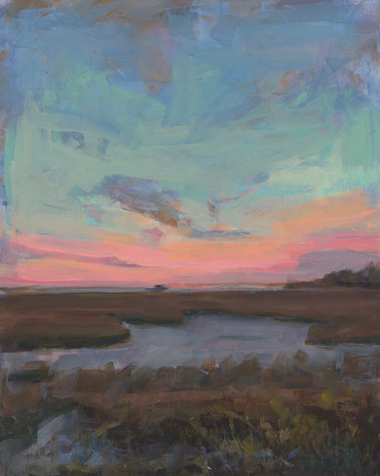 Marsh Light Charleston coastal art print by Ryan Beck featuring Lowcountry marsh sunset and Pitt Street Bridge inspiration