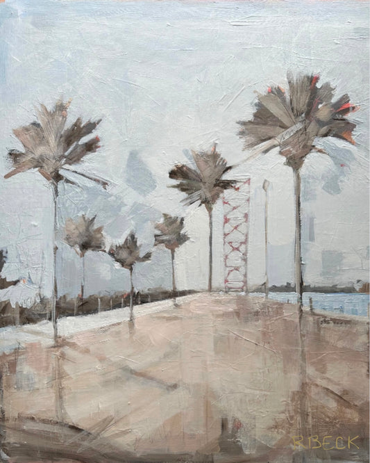 Giclée print of Onward Together by Charleston artist Ryan Beck, inspired by the Pitt Street Bridge with neutrals and soft blues, capturing the essence of this iconic Lowcountry landmark