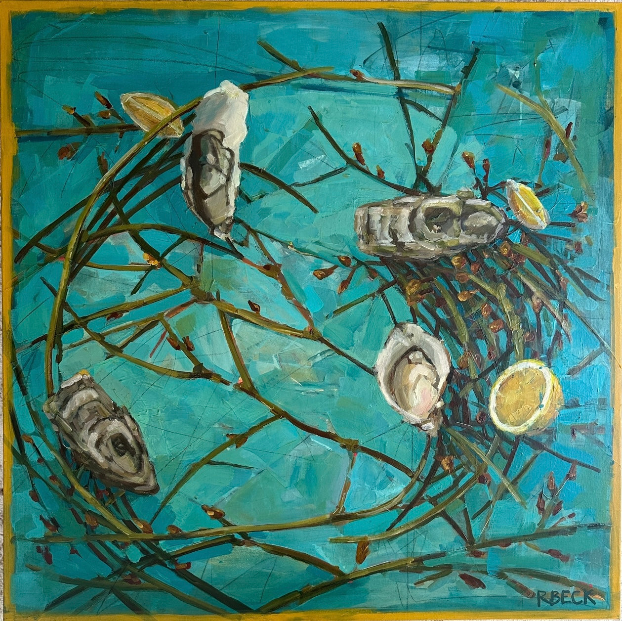 Original painting titled 'Oyster Opulence' by Charleston artist Ryan Beck, featuring rich teal, earthy tones, and layered textures inspired by coastal oysters, capturing the elegance and resilience of Lowcountry life