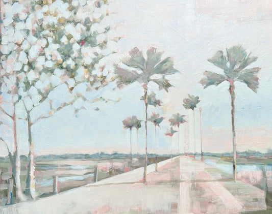 Giclée print of Pink Pitt Street by Charleston artist Ryan Beck, featuring soft pinks, yellows, and neutrals inspired by the serene beauty of Pitt Street Bridge.