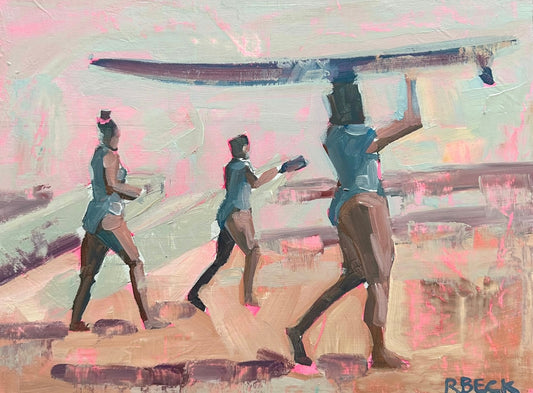 Giclée print of Pink Surf by Charleston artist Ryan Beck, featuring three surfers with boards in pink, blue, and neutral hues, capturing the dynamic spirit of coastal life