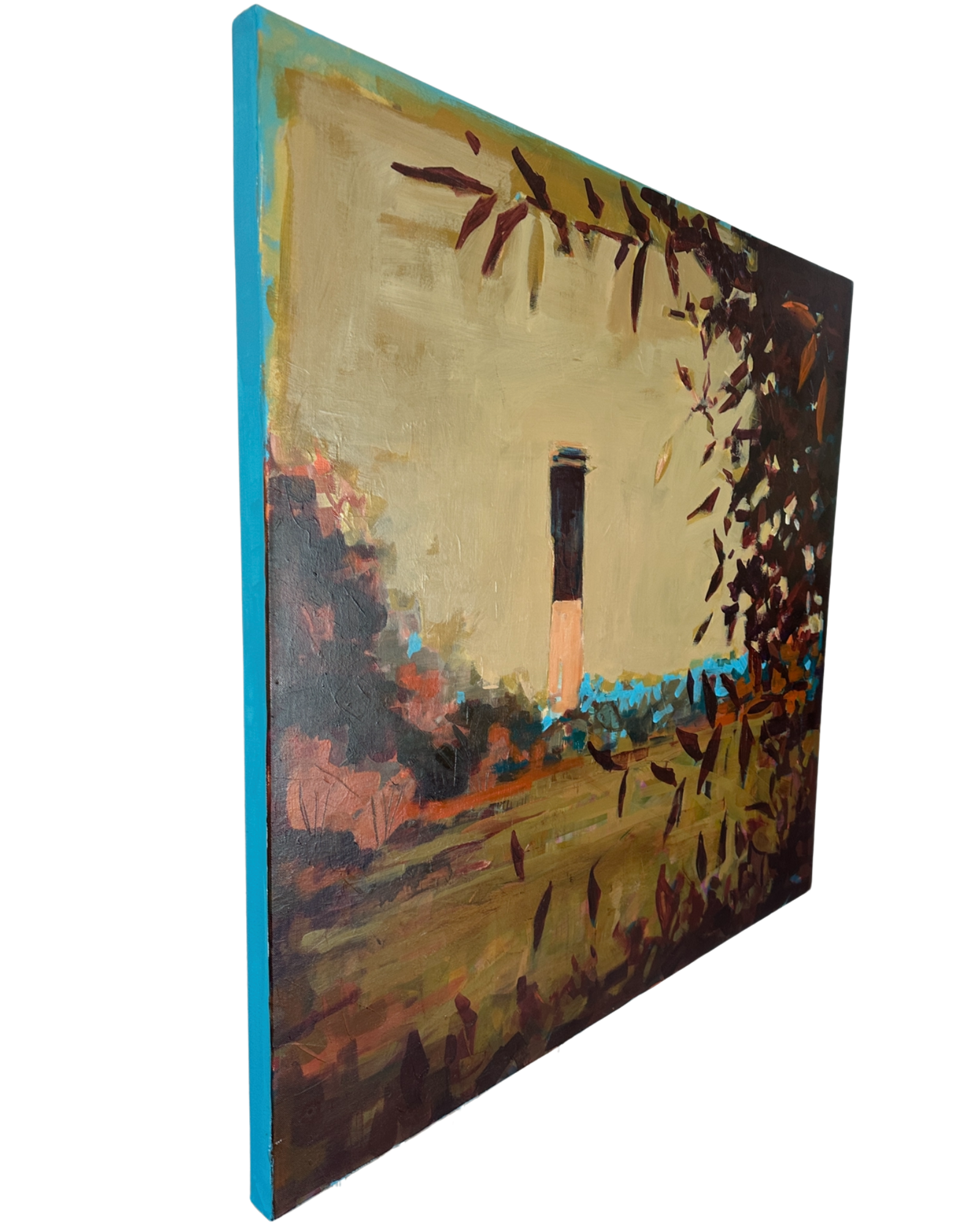 Salted Ember Charleston SC original coastal painting by artist Ryan Beck showing turquoise-painted sides on gallery-wrapped canvas, Sullivan’s Island Lighthouse in warm sunset tones.