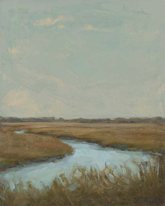 Saltgrass Charleston coastal marsh art print by artist Ryan Beck featuring soft blues, greens, and creams in a serene Lowcountry landscape