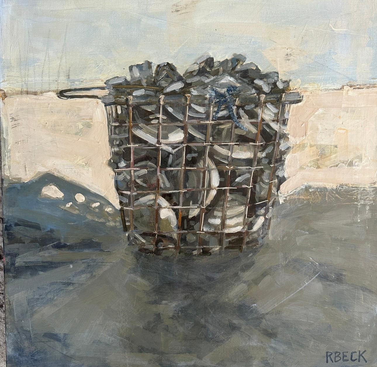 Original painting titled 'Sea to Table' by Charleston artist Ryan Beck, depicting a basket of oysters on the sand with muted tones, capturing the bounty of the sea, perfect for coastal decor and holiday gifting.