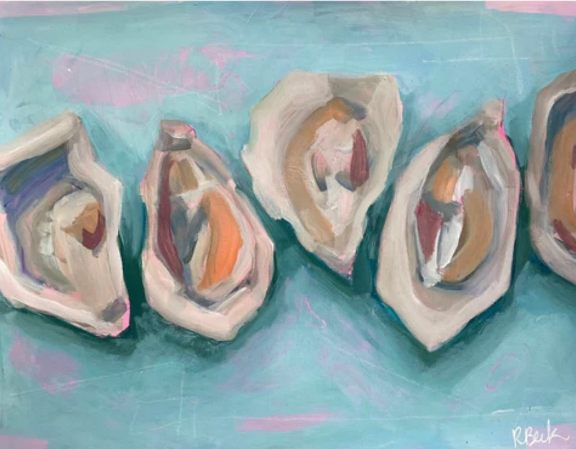 Giclée print of Seaside Bliss by Charleston artist Ryan Beck, featuring five oysters in a blend of soft blues and pinks, capturing the tranquility of coastal life