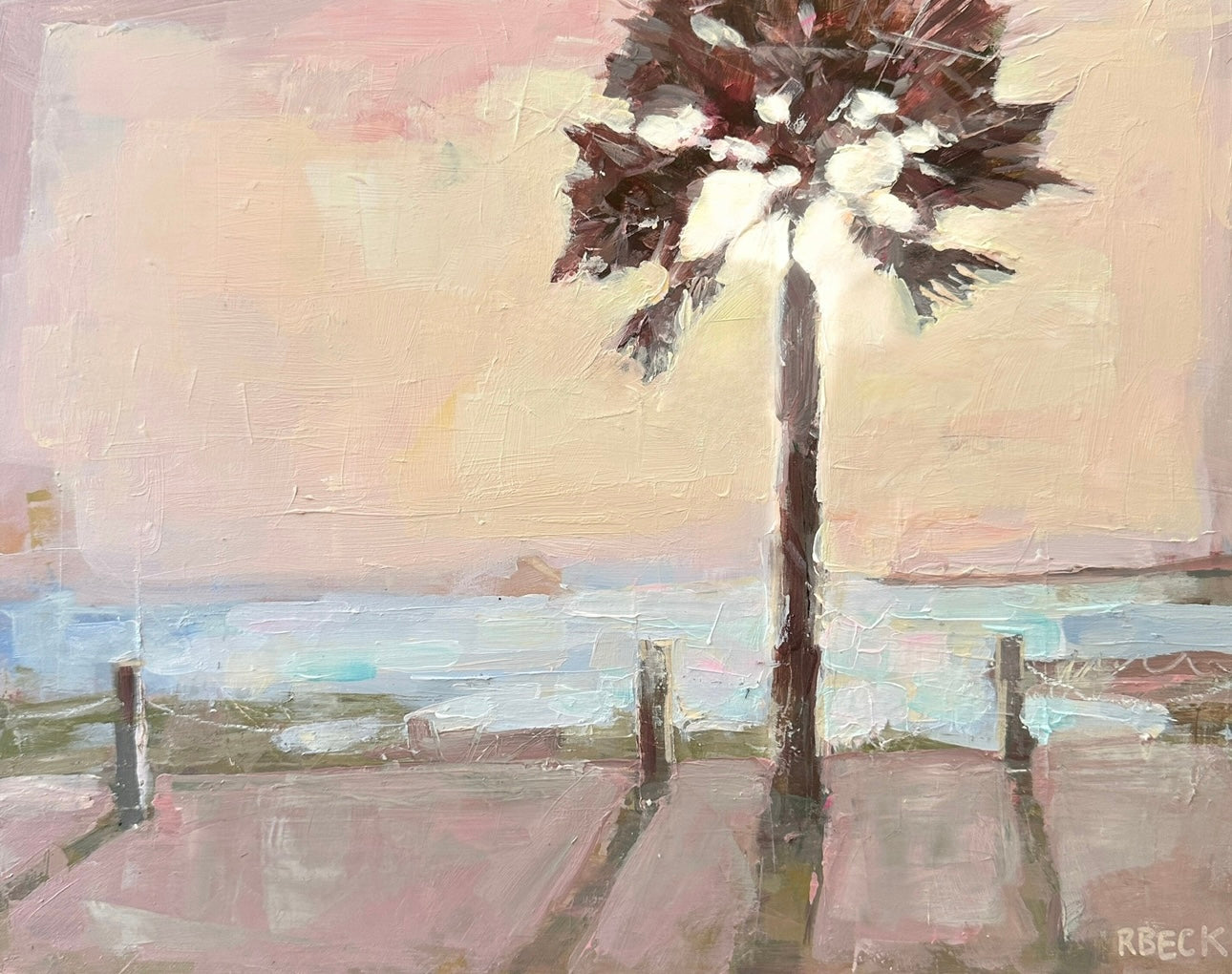 Giclée print of Sherbet Skies by Charleston artist Ryan Beck, capturing a coastal sunset with soft pinks, oranges, and blues, evoking tranquility and warmth.