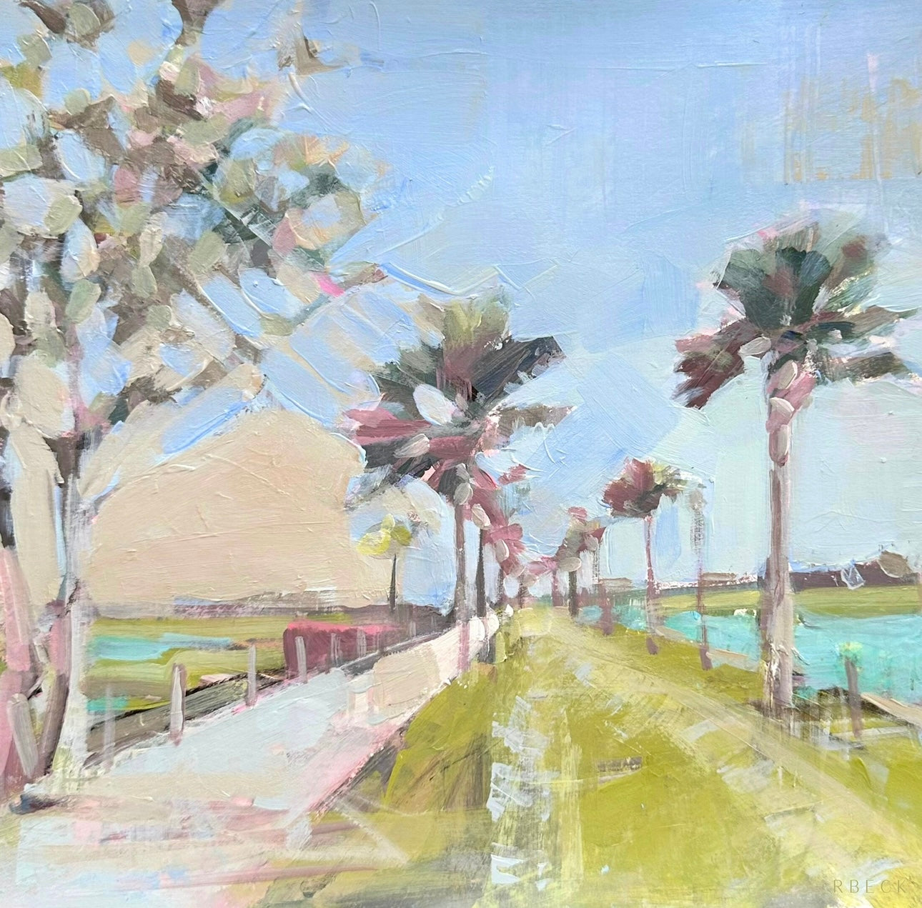 Giclée print of Summer Strolls by Charleston artist Ryan Beck, inspired by Pitt Street Bridge, featuring vibrant coastal colors and playful energy.