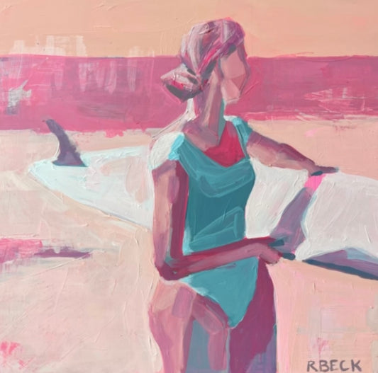 Giclée print of Sun Ray by Charleston artist Ryan Beck, featuring a woman with a surfboard in a pink palette, capturing the joyful spirit of coastal life and love.